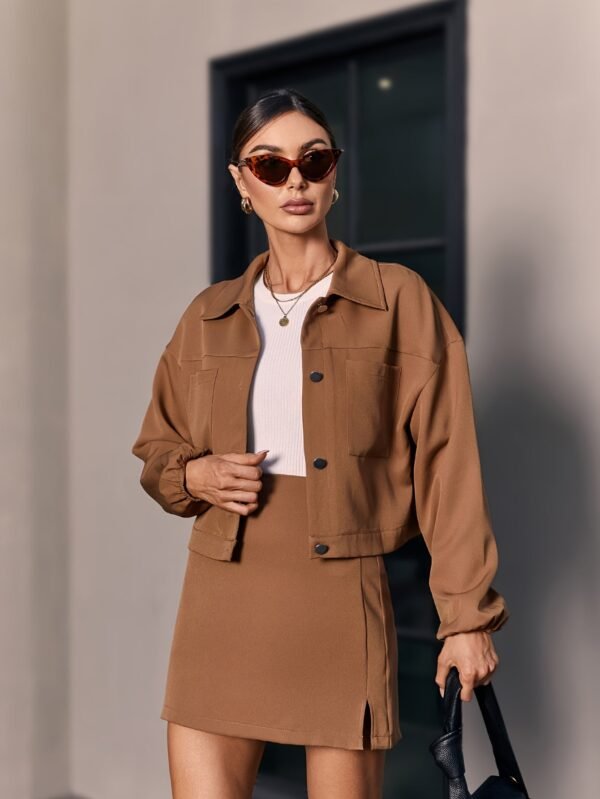 Classy Two-piece Set, Lapel Collar Button Front Shirt & A-line Skirt Outfits, Women's Clothing