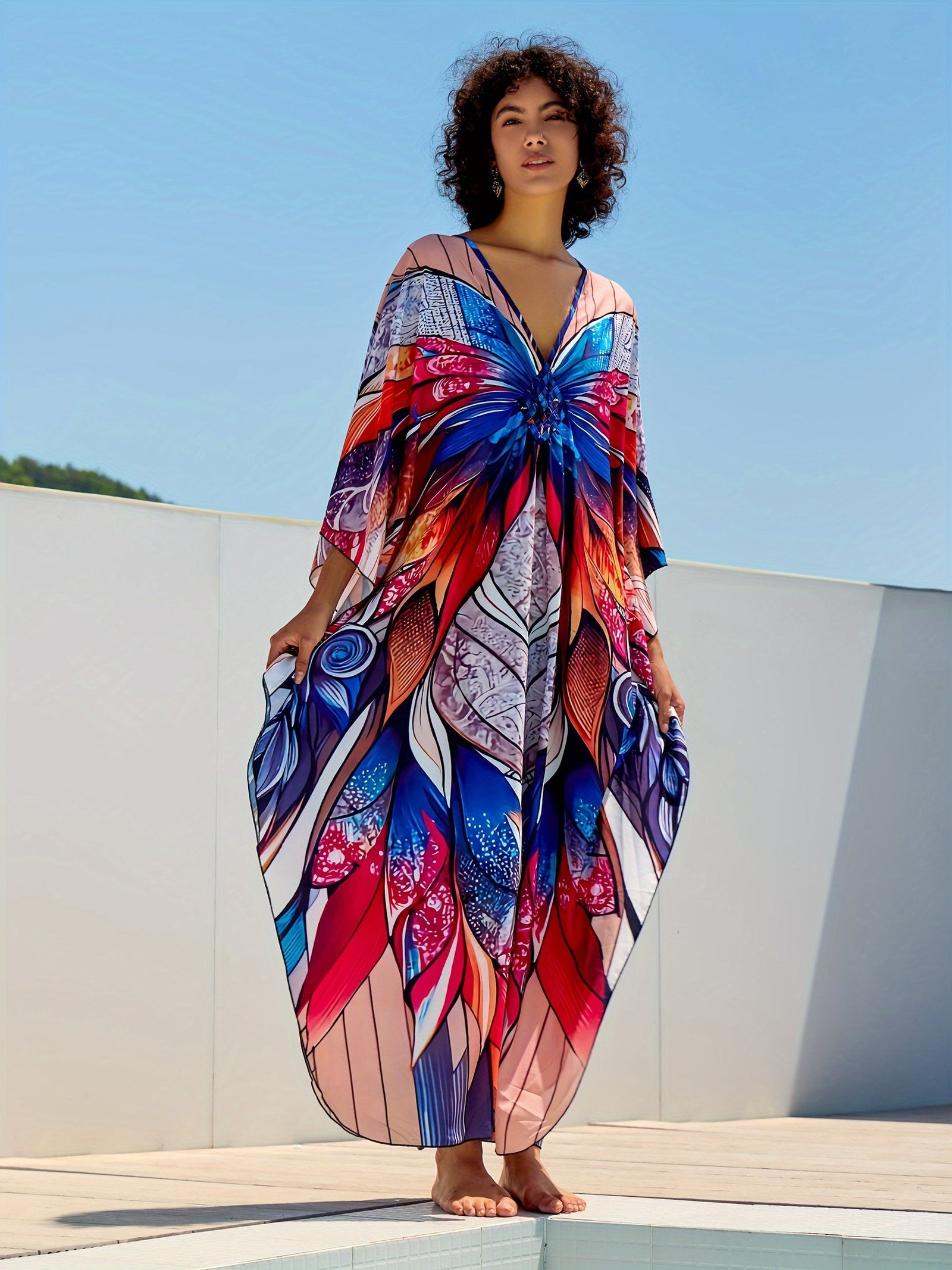 Plus Size Colorful Butterfly Print Slit Dress, Casual Batwing Sleeve Dress For Spring & Summer, Women's Plus Size Clothing
