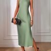 Crew Neck Side Split Dress, Elegant Solid Back Keyhole Sleeveless Tank Dress, Women's Clothing