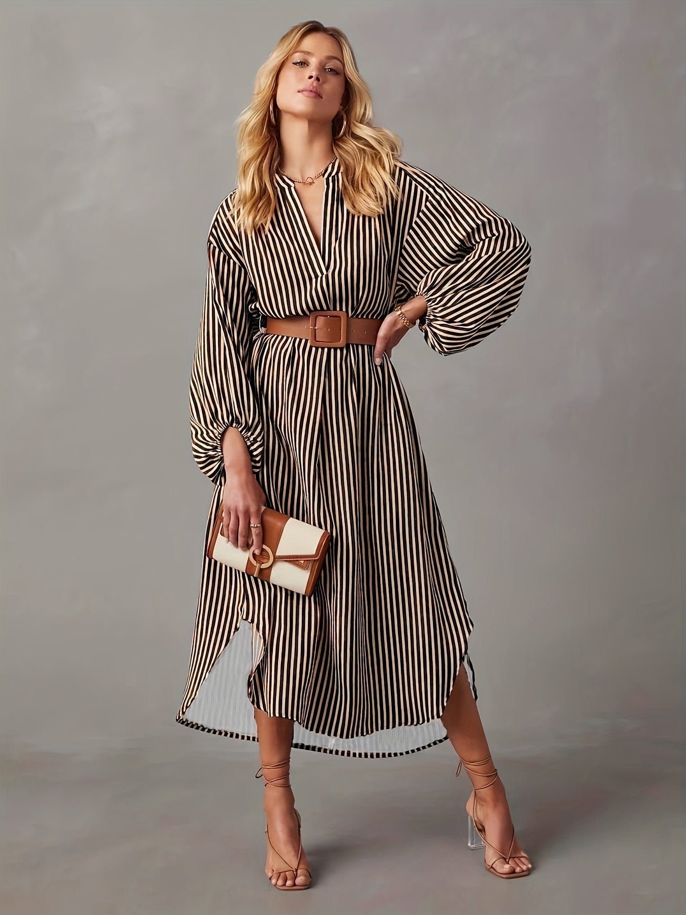 Striped Print Lantern Sleeve Dress, Stylish Notch Neck Dress For Spring & Fall, Women's Clothing