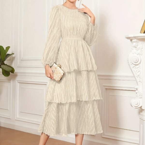 Raw Trim Waist Layer Ruffle Dress, Elegant Puff Long Sleeve Crew Neck Dress, Women's Clothing Wedding graduation engagement occasion ceremony party holiday vacation birthday