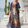0f55b65fc42a4ed3fa88dfc7954c9601.jpg Plus Size Vacay Dress, Women's Plus Leaf Print Bat Sleeve V Neck Split Hem Cover Up Maxi Dress