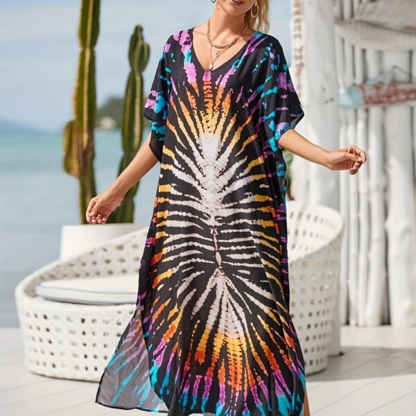 0f55b65fc42a4ed3fa88dfc7954c9601.jpg Plus Size Vacay Dress, Women's Plus Leaf Print Bat Sleeve V Neck Split Hem Cover Up Maxi Dress