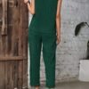 Solid Color Elegant Pantsuits, Crew Neck Flutter Sleeve Blouse & Tie Front High Waist Pocket Pants Outfits, Women's Clothing