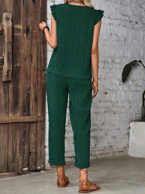 Solid Color Elegant Pantsuits, Crew Neck Flutter Sleeve Blouse & Tie Front High Waist Pocket Pants Outfits, Women's Clothing