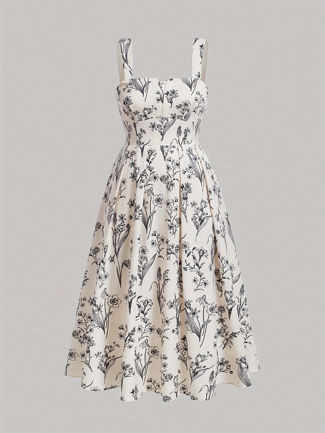 Plus Size Floral Print Cinched Waist Tank Dress, Boho Shirred Back Sleeveless Square Neck Swing Dress For Spring & Summer, Women's Plus Size Clothing