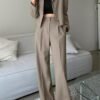 Plus Size Solid Two-piece Set, Long Sleeve Lapel Blazer & Pants Outfits, Women's Plus Size Clothing