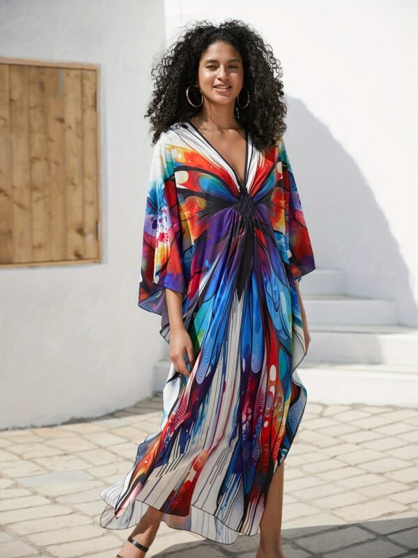 Plus Size Colorful Butterfly Print Slit Dress, Casual Batwing Sleeve Dress For Spring & Summer, Women's Plus Size Clothing