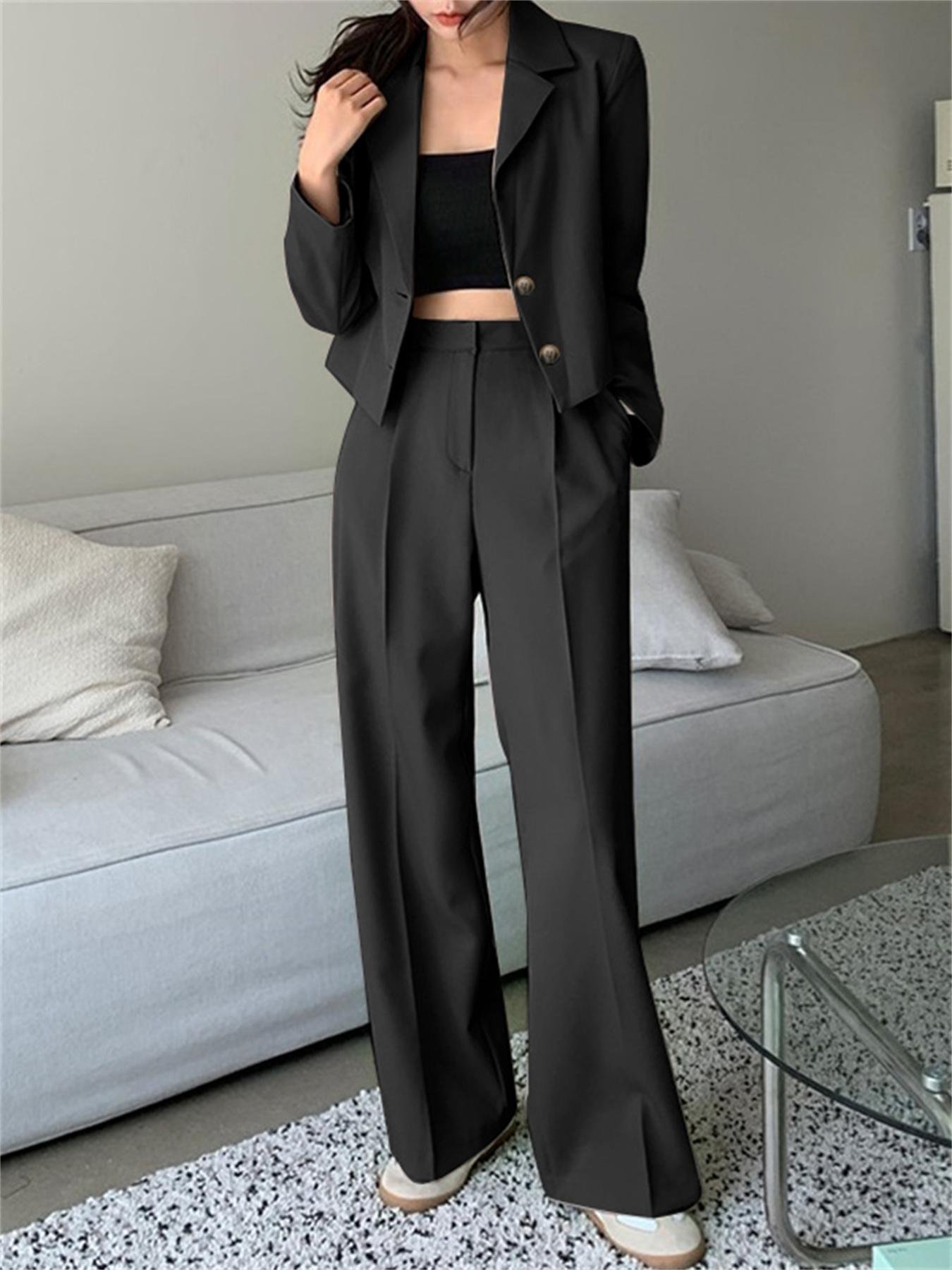 Plus Size Solid Two-piece Set, Long Sleeve Lapel Blazer & Pants Outfits, Women's Plus Size Clothing