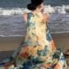 Floral Print Crew Neck Maxi Dress, Vacation Sleeveless Flared Tiered Beach Swing Dress, Women's Clothing