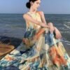 Floral Print Crew Neck Maxi Dress, Vacation Sleeveless Flared Tiered Beach Swing Dress, Women's Clothing