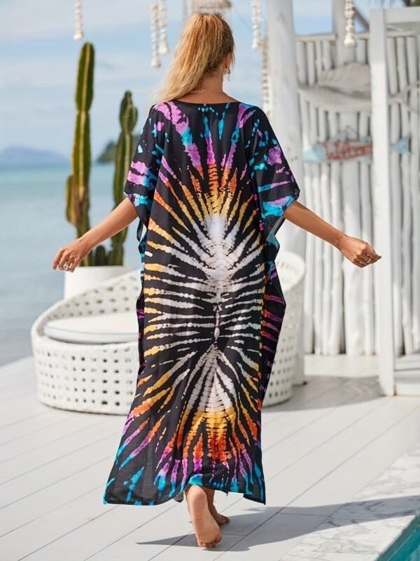 1c7cf579e16f4cb88b47ca0b3cebb309.jpg Plus Size Vacay Dress, Women's Plus Leaf Print Bat Sleeve V Neck Split Hem Cover Up Maxi Dress