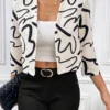 Allover Print Open Front Jacket, Elegant 3/4 Sleeve Crop Fitted Jacket, Women's Clothing