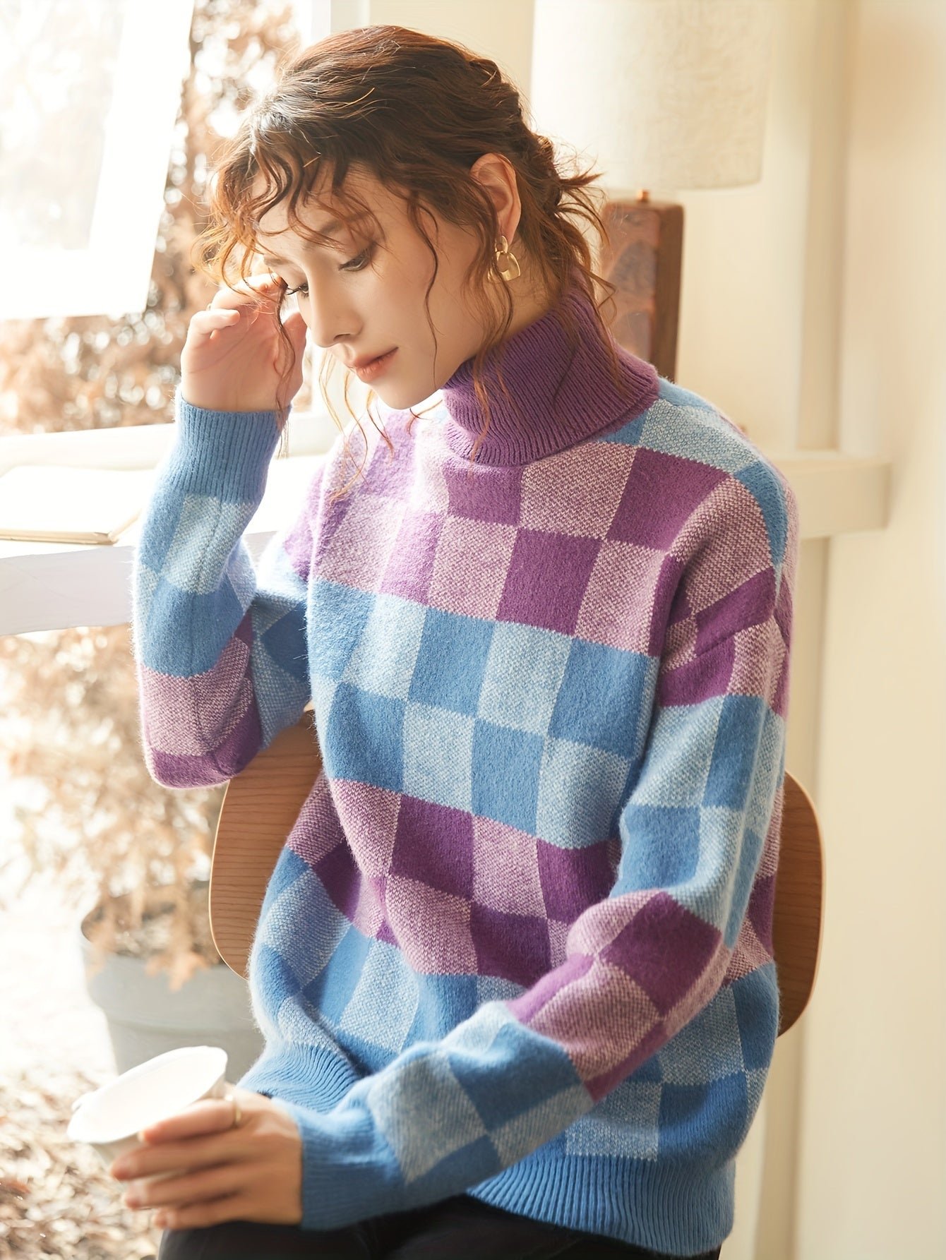 228dbcd1-0db0-4dd4-8d49-67426dec5441-1.jpg Geo Pattern Turtleneck Knitted Pullover Sweater, Casual Long Sleeve Top For Fall & Winter, Women's Clothing