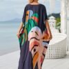 23fae5574bdb984adb294b9a5ba8ca86.jpg Plus Size Vacay Dress, Women's Plus Leaf Print Bat Sleeve V Neck Split Hem Cover Up Maxi Dress