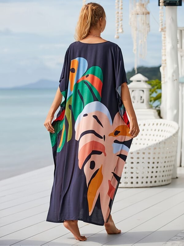 23fae5574bdb984adb294b9a5ba8ca86.jpg Plus Size Vacay Dress, Women's Plus Leaf Print Bat Sleeve V Neck Split Hem Cover Up Maxi Dress