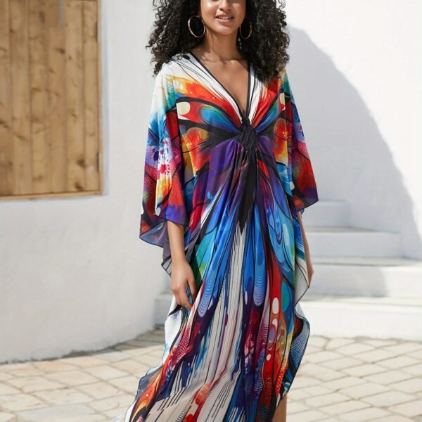 Plus Size Colorful Butterfly Print Slit Dress, Casual Batwing Sleeve Dress For Spring & Summer, Women's Plus Size Clothing