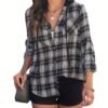 Plaid Print Single Breasted Jacket, Casual Drawstring Outwear For Spring & Fall, Women's Clothing