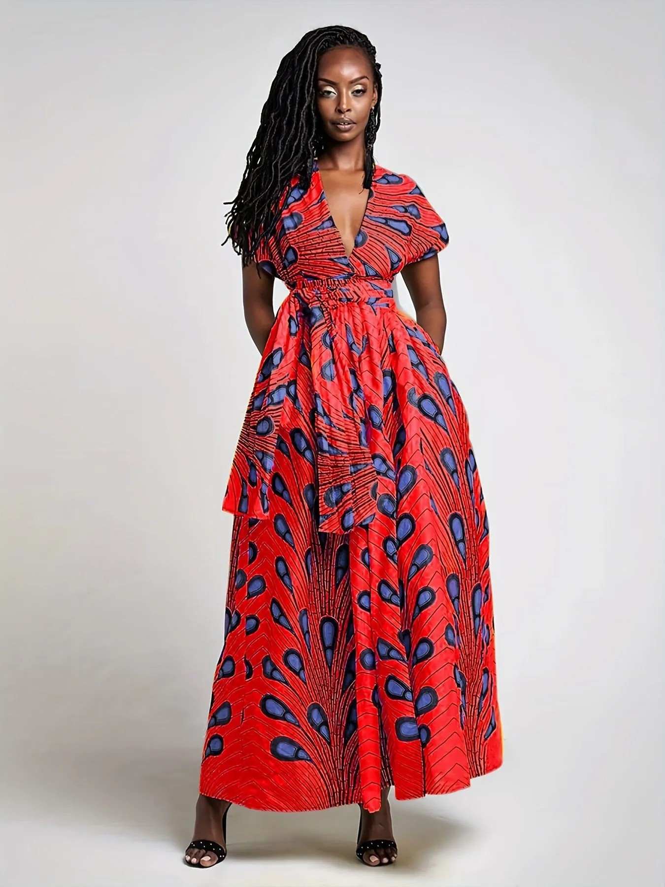 Abstract Print Split Thigh Dress, Boho Plunging High Waist Maxi Dress, Women's Clothing