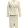 Solid Color Elegant Skirt Suit, Single Button Lapel Collar Long Sleeve Outwear & Split Hem Skirt Outfits, Women's Clothing