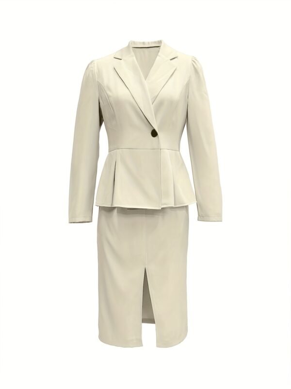 Solid Color Elegant Skirt Suit, Single Button Lapel Collar Long Sleeve Outwear & Split Hem Skirt Outfits, Women's Clothing