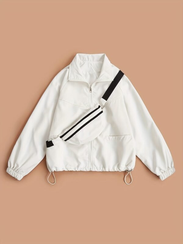 3ca8d9c0a3cf3c635467a2581807eaaf-1.jpg Solid Zip Up Jacket, Casual Long Sleeve Windproof Daily Outerwear With Bag, Women's Clothing