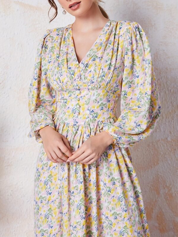 Floral Print V Neck Dress, Elegant Long Sleeve Dress For Spring & Summer, Women's Clothing