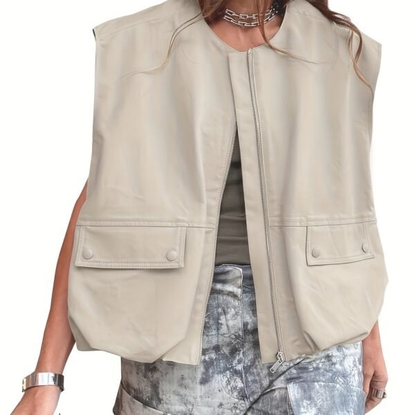 Zipper Loose Solid Vest Jacket, Casual Sleeveless Jacket For Spring & Summer, Women's Clothing