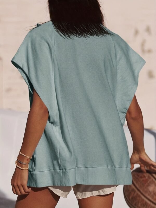 Solid Color Zipper Kangaroo Pockets Jacket, Versatile Cap Sleeve Loose Outwear For Spring & Summer, Women's Clothing