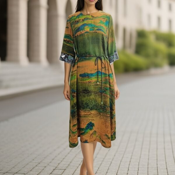 Graphic Print Tie Waist Dress, Vintage Half Sleeve Dress For Spring & Fall, Women's Clothing