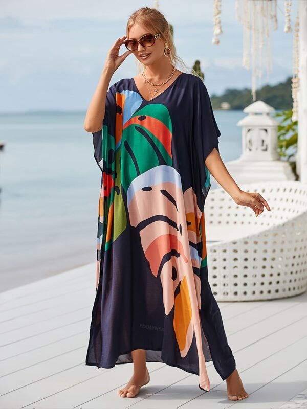 56678e7a547a5831d10dc9605bf01e97.jpg Plus Size Vacay Dress, Women's Plus Leaf Print Bat Sleeve V Neck Split Hem Cover Up Maxi Dress