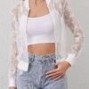 Lightweight Semi Transparent Mesh Panel Jacket, Stylish Long Sleeve Zipped Solid Color Jacket For Spring & Fall, Women's Clothing