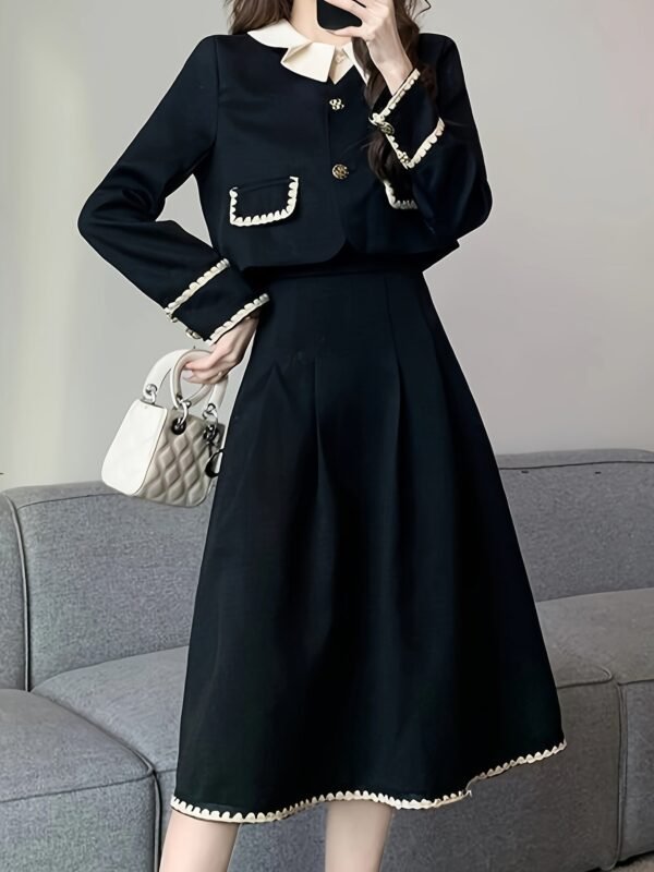 Elegant Button Front Contrast Trim Skirt Set, Long Sleeve Jacket & Pleated Midi Skirt Outfits, Women's Clothing