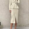 Solid Color Elegant Skirt Suit, Single Button Lapel Collar Long Sleeve Outwear & Split Hem Skirt Outfits, Women's Clothing