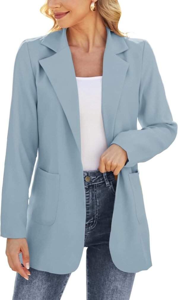 6166rq1mQpL._AC_SL1500-1.jpg Women Open Front Blazers Long Sleeve Casual OL Office Slim Buttonless Suit Jacket with Pockets