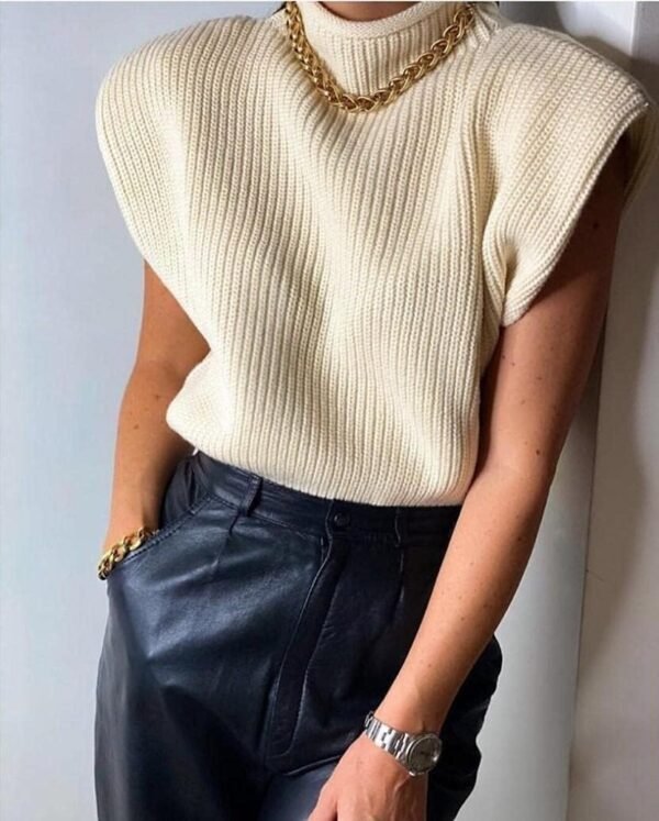 Women's Sleeveless Turtleneck Sweater Vest Shoulder Pad Knitted Tank Top Casual Solid Pullover Tops Knitwear