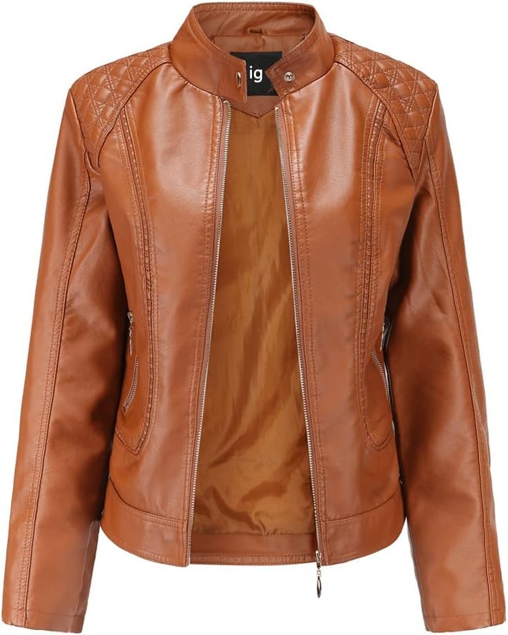 Women's Trendy Faux Leather Jacket Moto Short Jacket Fashion PU Jacket Coat
