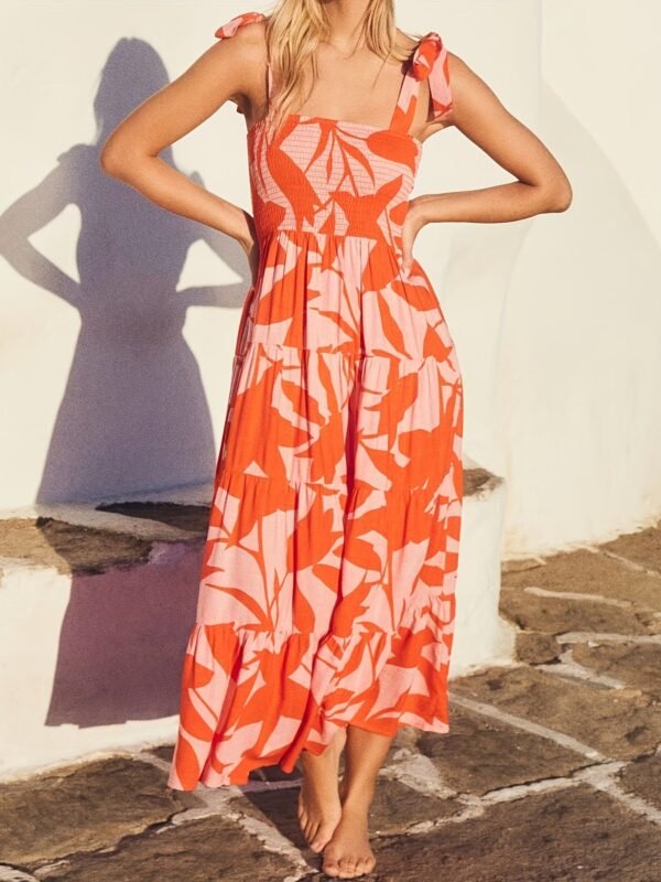 Shirred Tie Shoulder Ruffle Hem Dress, Vacation Sleeveless Cami Dress For Spring & Summer, Women's Clothing