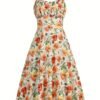 Floral Print Wide Strap Dress, Vacation Style Sleeveless Ruched Bust A-line Dress For Spring & Summer, Women's Clothing