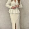 Solid Color Elegant Skirt Suit, Single Button Lapel Collar Long Sleeve Outwear & Split Hem Skirt Outfits, Women's Clothing