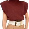 Women's Sleeveless Turtleneck Sweater Vest Shoulder Pad Knitted Tank Top Casual Solid Pullover Tops Knitwear
