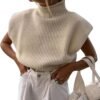 Women's Sleeveless Turtleneck Sweater Vest Shoulder Pad Knitted Tank Top Casual Solid Pullover Tops Knitwear