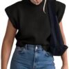Women's Sleeveless Turtleneck Sweater Vest Shoulder Pad Knitted Tank Top Casual Solid Pullover Tops Knitwear