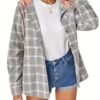 Plaid Print Single Breasted Jacket, Casual Drawstring Outwear For Spring & Fall, Women's Clothing