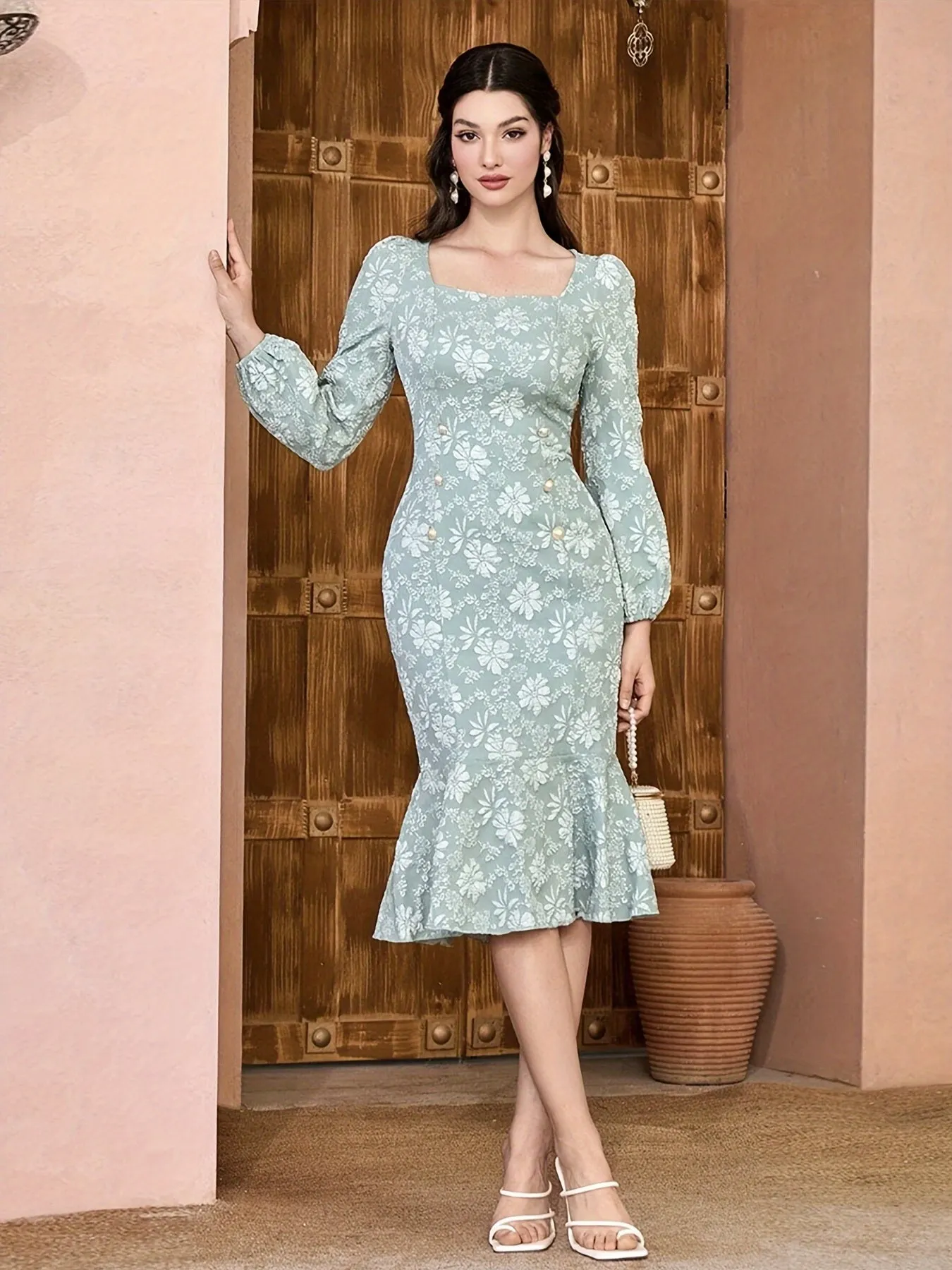 Allover Floral Print Mermaid Dress, Elegant Long Sleeve Bodycon Dress For Spring & Fall, Women's Clothing