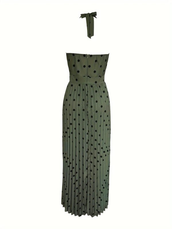 Polka Dot Print Halter Neck Dress, Vacation Style Sleeveless Pleated Maxi Dress For Spring & Summer, Women's Clothing