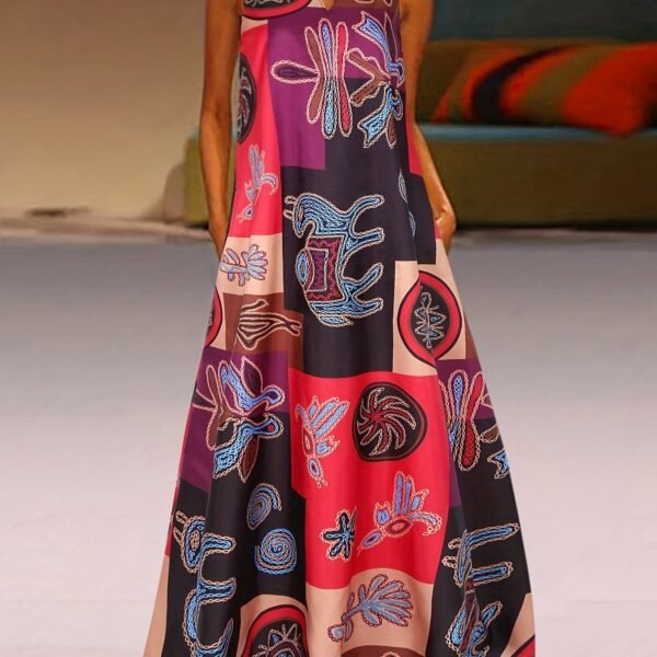 7db814ab79422c7840afd625a881cb81.jpg Ethnic Print V Neck Dress, Vintage Sleeveless Summer Maxi Dress With Pockets, Women's Clothing