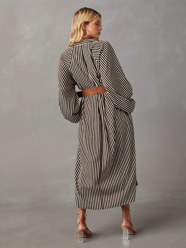 Striped Print Lantern Sleeve Dress, Stylish Notch Neck Dress For Spring & Fall, Women's Clothing