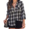 Plaid Print Single Breasted Jacket, Casual Drawstring Outwear For Spring & Fall, Women's Clothing