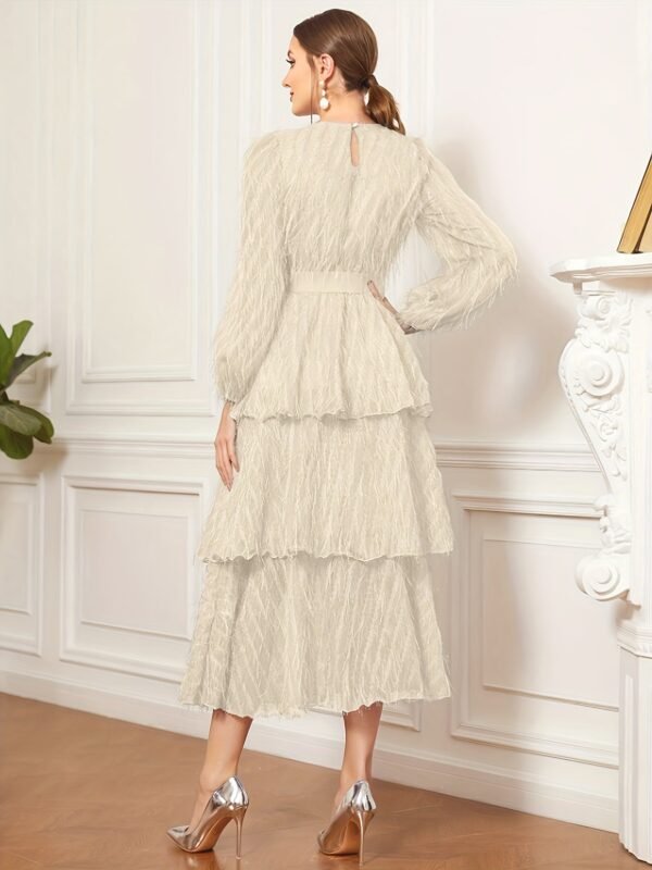 Raw Trim Waist Layer Ruffle Dress, Elegant Puff Long Sleeve Crew Neck Dress, Women's Clothing Wedding graduation engagement occasion ceremony party holiday vacation birthday